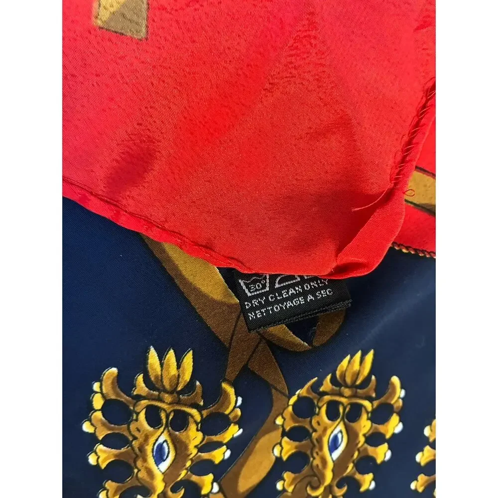 Vintage 100% Silk Square Scarf Navy Blue Red Gold Baroque Jewelry Medallion